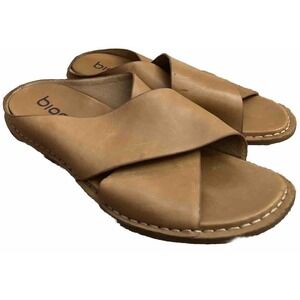 Bionica Leather Criss Cross Strappy Slip On Sandals Womens 7.5 Honey Brown Slide